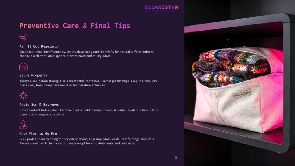 A Canvas Storage Bin Filled With Colorful Folded Blankets Sits On A Dark Shelf, With Text Overlay Detailing &Quot;Preventive Care &Amp; Final Tips&Quot; For Textile Preservation.
