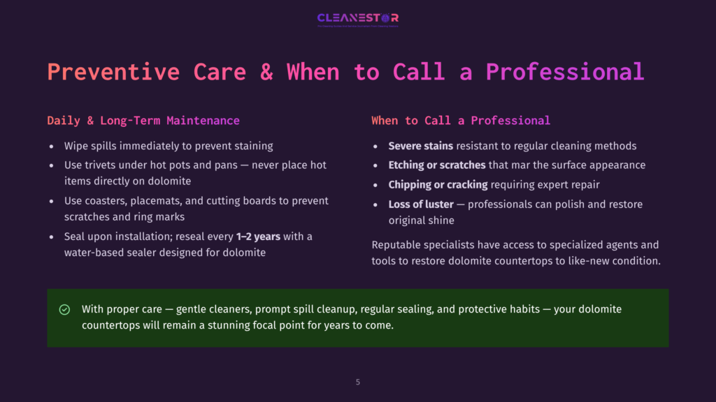 A Purple Background Displays A Split-Screen Infographic About Dolomitic Countertops Care. The Left Side Highlights &Quot;Daily &Amp; Long-Term Maintenance&Quot; With Points Such As Wiping Spills Immediately And Sealing Upon Installation. The Right Side Is Titled &Quot;When To Call A Professional&Quot; And Mentions Severe Stains And Loss Of Luster.
