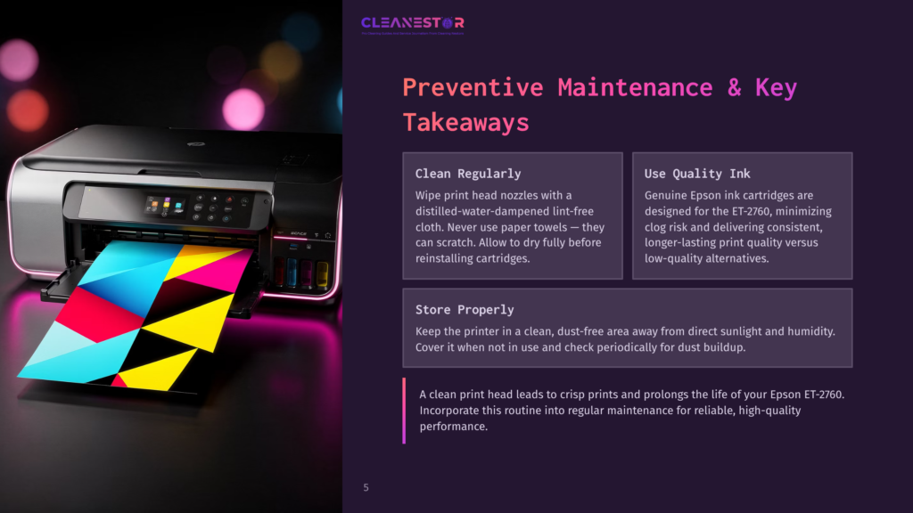 Cleanestor Logo Above A Modern Inkjet Printer Printing A Colorful Geometric Pattern. Text Discusses Printer Maintenance, Including Cleaning Print Heads And Using Quality Ink Cartridges.