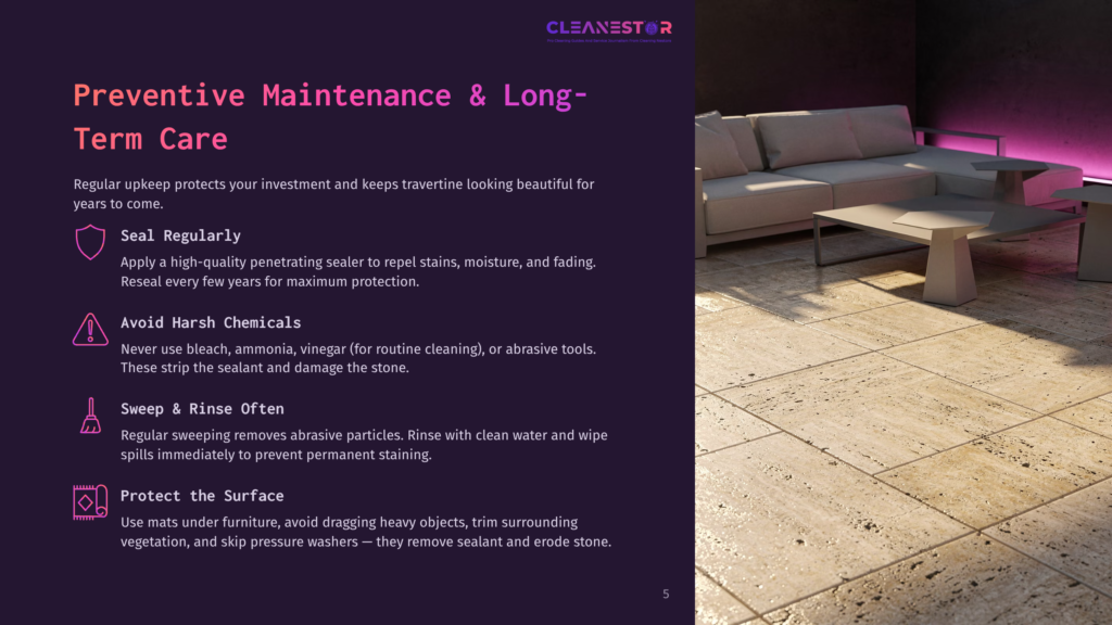 Modern Living Room With Plush Sofas And A Coffee Table On A Travertine Stone Floor, With Text Overlaying The Image About &Quot;Cleanestor&Quot; And &Quot;Preventive Maintenance &Amp; Long-Term Care&Quot; For Stone Floors.