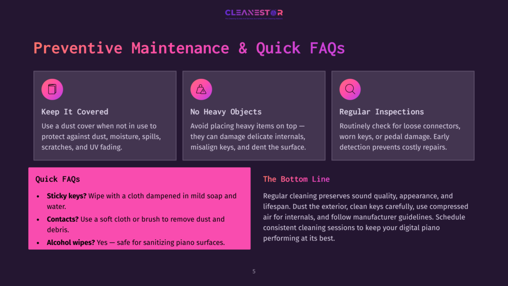 Cleanestor Logo And Graphic With Text: Preventive Maintenance &Amp; Quick Faqs, Keep It Covered, No Heavy Objects, Regular Inspections, And Quick Faqs With Bullet Points About Piano Care.