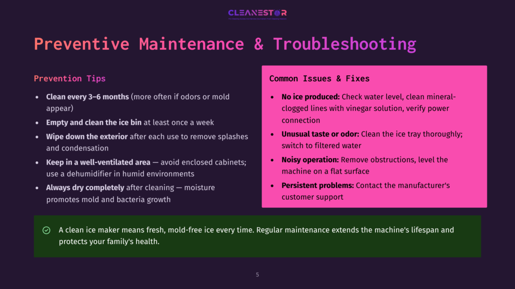 Presentation Slide Titled &Quot;Preventive Maintenance &Amp; Troubleshooting&Quot; For Cleanestor Ice Makers. It Lists Prevention Tips Like Cleaning Every 3-6 Months And Common Issues Like &Quot;No Ice Produced&Quot; And &Quot;Unusual Taste Or Odor&Quot; With Their Fixes.