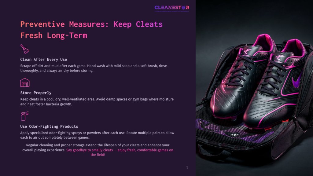 Black And Pink Soccer Cleats Rest Inside An Open Duffel Bag, With Text On The Left About Keeping Cleats Fresh And Clean.