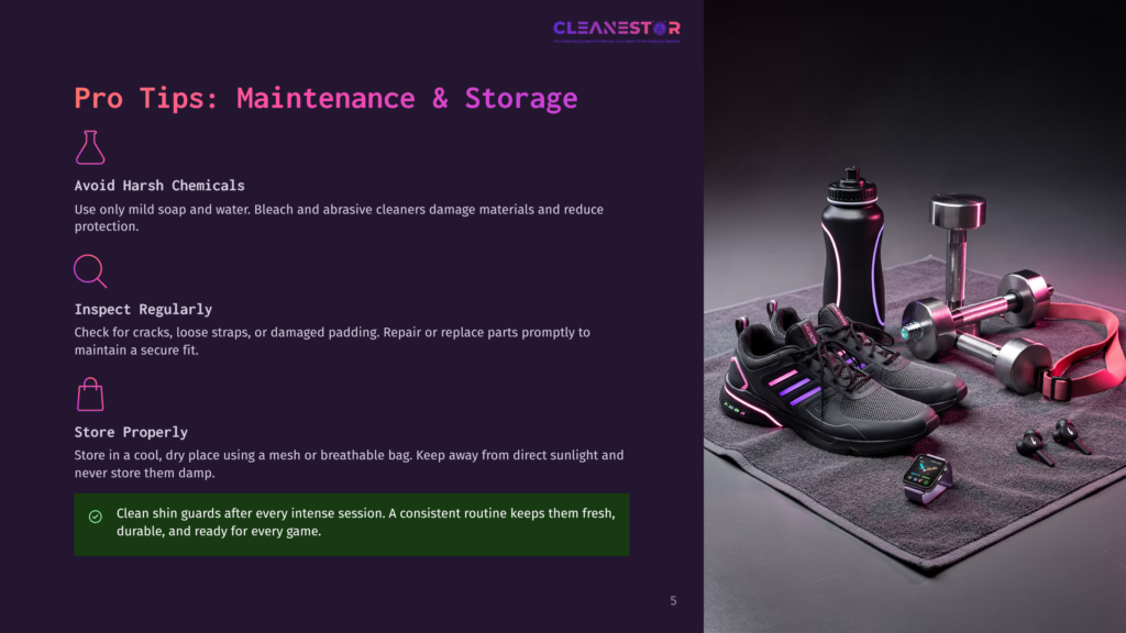 Pro Tips: Maintenance &Amp; Storage For Athletic Shoes, With Icons For Harsh Chemicals, Inspection, And Proper Storage. A Pair Of Neon-Accented Black Sneakers Sits On A Grey Towel Next To Dumbbells And A Water Bottle.