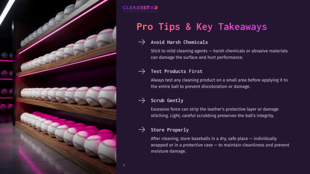 Rows Of Baseballs On Shelves With Pink Lighting, Next To A Slide With &Quot;Pro Tips &Amp; Key Takeaways&Quot; And Advice On Cleaning Baseballs.