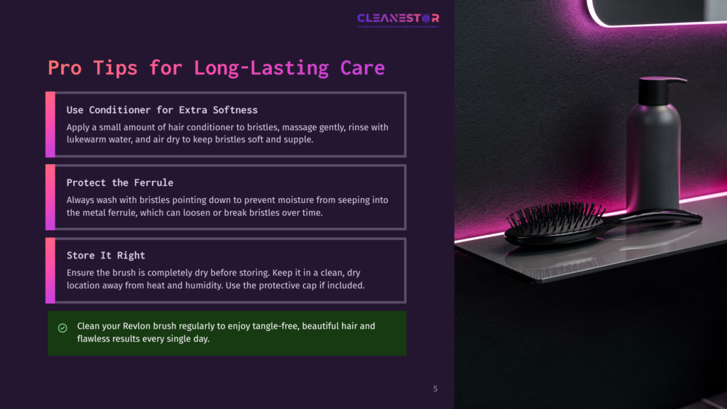 Pro Tips For Long-Lasting Care: Use Conditioner, Protect The Ferrule, Store It Right, And Clean Your Revlon Brush Regularly. A Black Hair Brush With A Black Handle Sits On A Grey Shelf Next To A Black Pump Bottle, With A Pink Neon Light Illuminating The Scene.