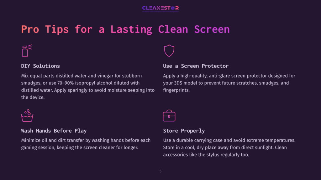 5 Pro Tips For A Lasting Clean Screen Pro Tips For A Lasting Clean Screen Graphic With Icons For Diy Solutions, Screen Protector, Washing Hands, And Proper Storage.