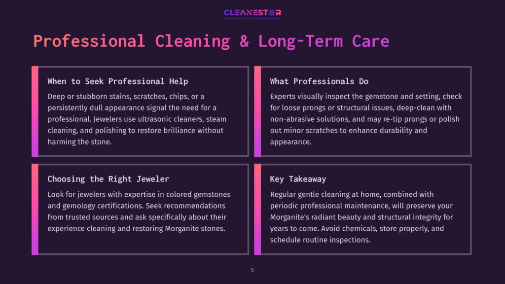 A Dark Purple Background With Four Rectangular Panels, Each With A Colored Border And Text About Professional Cleaning And Gemstone Care. The Top Center Has A Logo For &Quot;Cleanestor&Quot;.