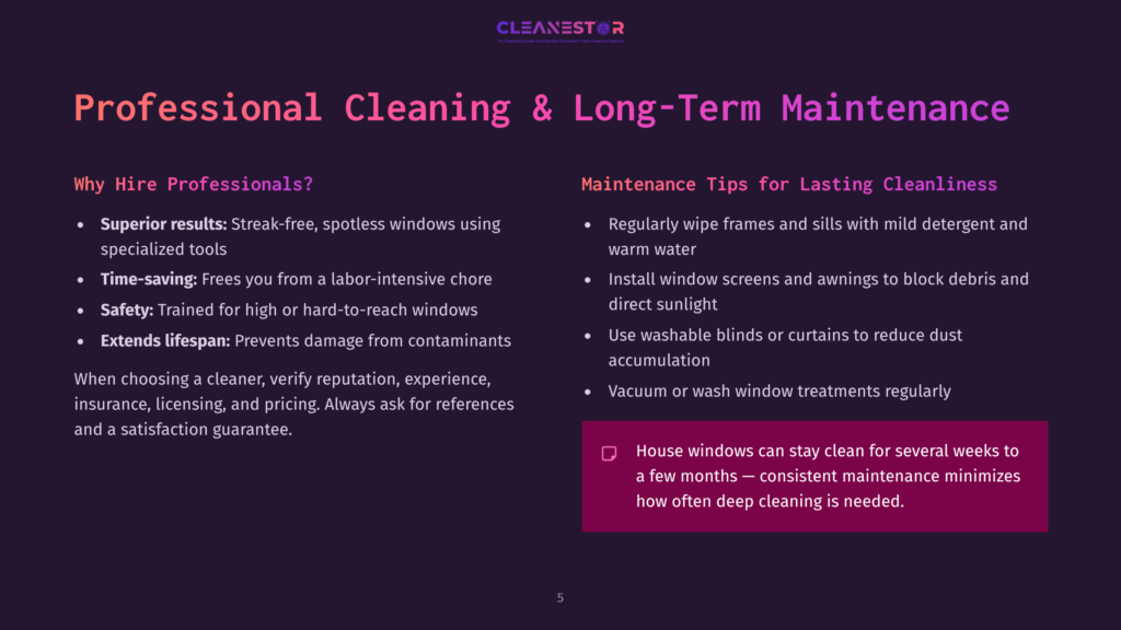 A Presentation Slide Titled &Quot;Professional Cleaning &Amp; Long-Term Maintenance&Quot; From Cleanestor, Outlining Benefits Of Hiring Professionals And Maintenance Tips For Lasting Cleanliness.
