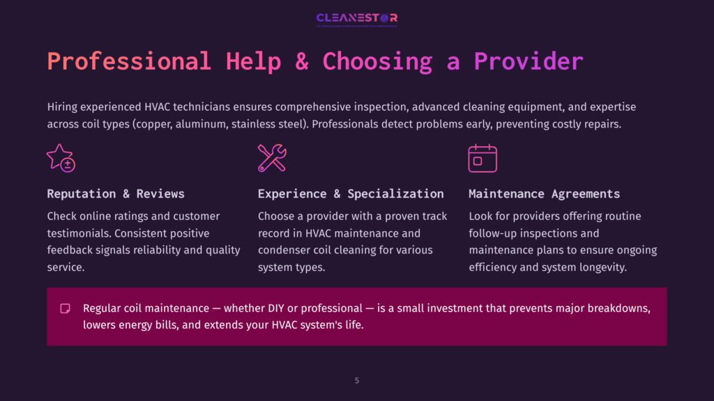 5 Professional Help And Choosing A Provider Cleanestor Logo, &Quot;Professional Help &Amp; Choosing A Provider&Quot; Title, And Sections On Reputation &Amp; Reviews, Experience &Amp; Specialization, And Maintenance Agreements.