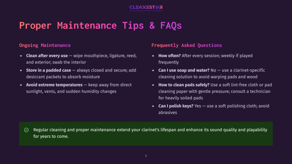 A Presentation Slide Titled &Quot;Proper Maintenance Tips &Amp; Faqs&Quot; For Clarinets, Featuring Two Columns Of Text: &Quot;Ongoing Maintenance&Quot; And &Quot;Frequently Asked Questions,&Quot; With A Green Checkmark Graphic At The Bottom.