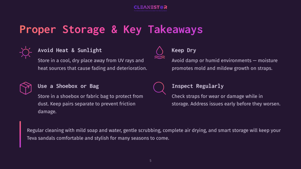 5 Proper Storage And Key Takeaways Infographic Titled &Quot;Proper Storage &Amp; Key Takeaways&Quot; For Teva Sandals, Featuring Icons And Text Advising To Avoid Heat &Amp; Sunlight, Keep Dry, Use A Shoebox Or Bag, And Inspect Regularly.