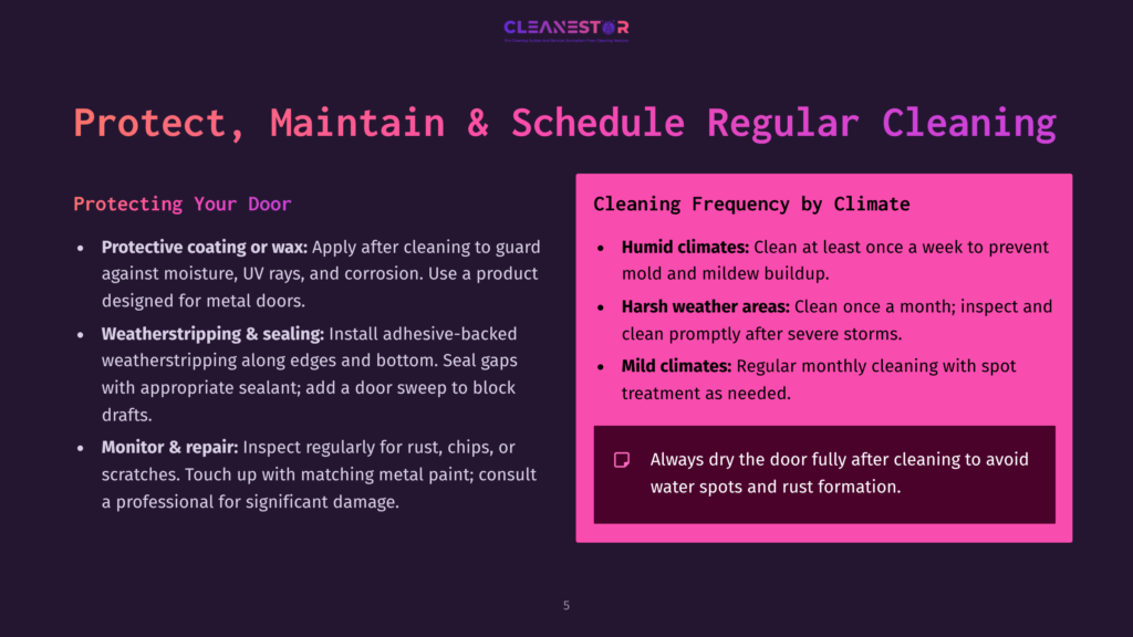 Cleanestor Logo With The Text &Quot;Protect, Maintain &Amp; Schedule Regular Cleaning.&Quot; Below, Two Columns Detail Door Protection Tips And Cleaning Frequency By Climate, With Bullet Points And Icons.