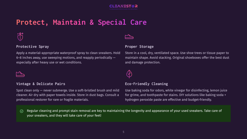 Graphic With Text About Protecting, Maintaining, And Storing Sneakers. Sections Cover Protective Spray, Proper Storage, Vintage And Delicate Care, And Eco-Friendly Cleaning.