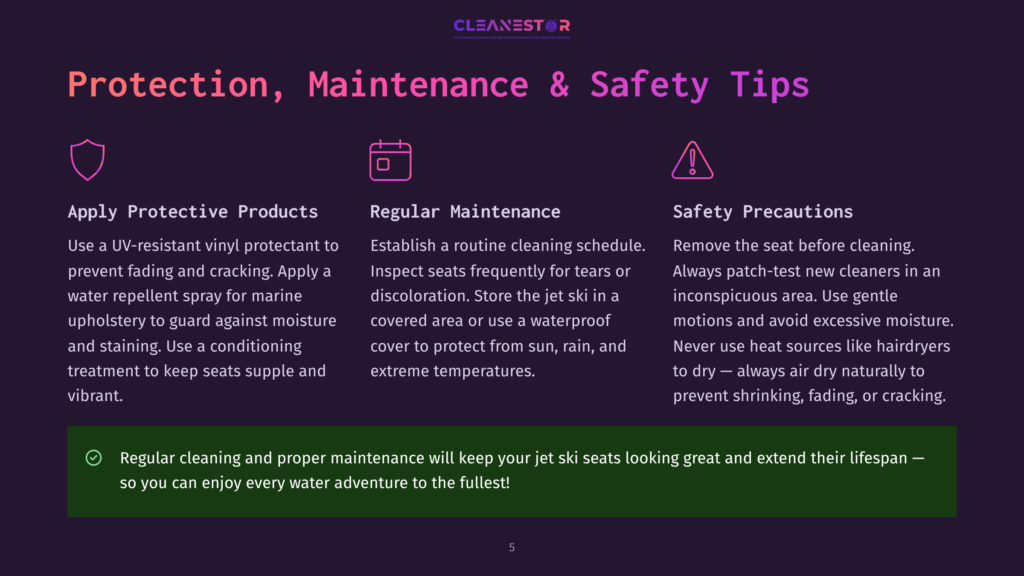 Graphic With Text: &Quot;Protection, Maintenance &Amp; Safety Tips&Quot; For Jet Ski Seats. Includes Icons For Protection, Regular Maintenance, And Safety Precautions.