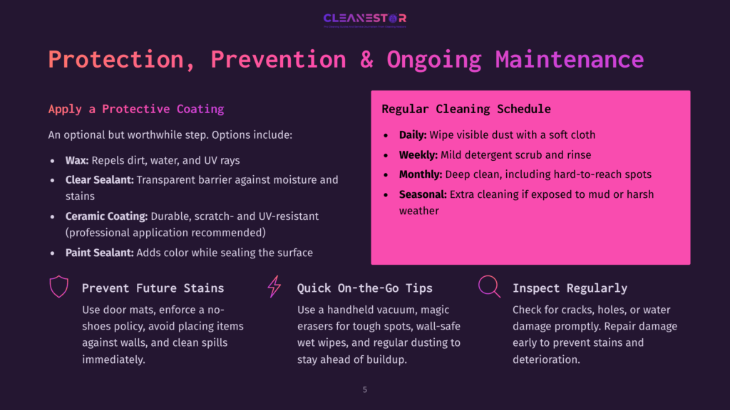 5 Protection Prevention And Ongoing Maintenance A Presentation Slide Titled &Quot;Protection, Prevention &Amp; Ongoing Maintenance&Quot; Details Options For Applying A Protective Coating To Surfaces, Including Wax, Clear Sealant, Ceramic Coating, And Paint Sealant. It Also Outlines A Regular Cleaning Schedule With Tips For Quick, Weekly, And Seasonal Cleaning, And Advice On Preventing Future Stains And Inspecting Regularly.