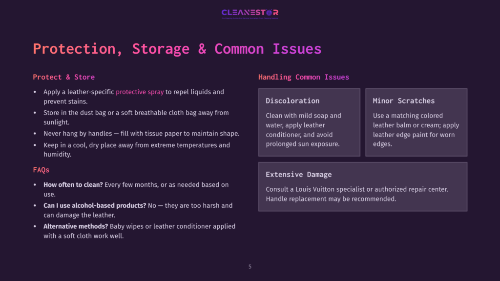 A Digital Guide On A Dark Background Titled &Quot;Protection, Storage &Amp; Common Issues&Quot; Shows Sections On Protecting, Storing, Handling Discoloration, Minor Scratches, Extensive Damage, And Faqs, With Relevant Text And Icons.