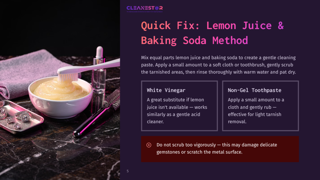 5 Quick Fix Lemon Juice And Baking Soda Method A White Toothbrush Dips Into A Bowl Of Lemon Juice And Baking Soda Paste, With A Silver Tray Of Sparkling Rings And A Small Bottle Of Serum Nearby. Text Reads &Quot;Quick Fix: Lemon Juice &Amp; Baking Soda Method.