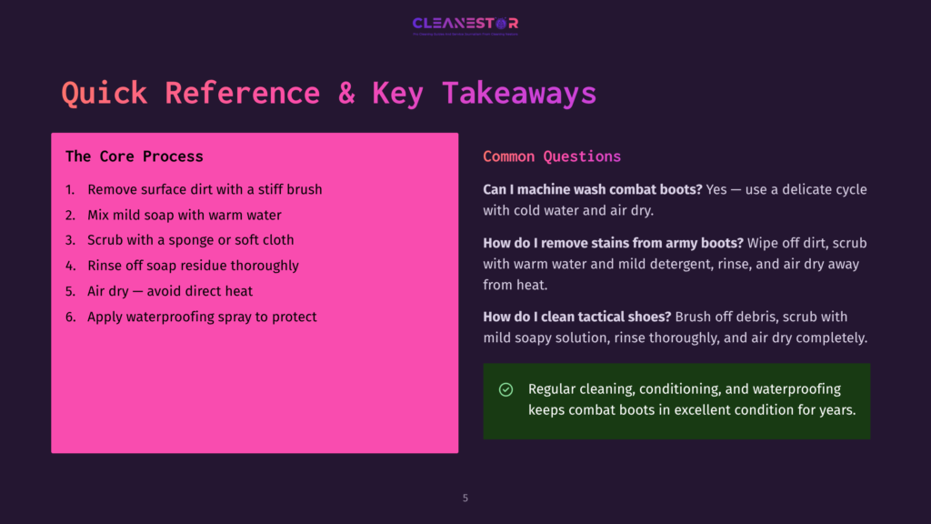 Infographic With A Pink Background Detailing The Core Process And Common Questions About Cleaning Combat Boots, Including Steps To Remove Dirt, Stains, And Heat, And Advice On Waterproofing And Maintenance.