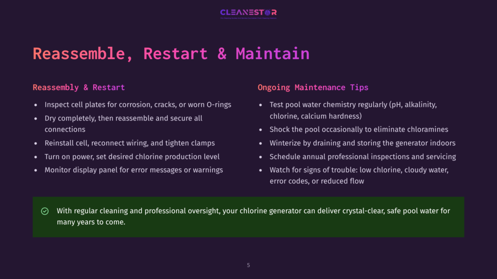 A Poster Displays Instructions For Reassembling And Maintaining A Chlorine Generator, With Steps Like Inspecting Cell Plates, Drying, And Winterizing, Alongside Tips For Ongoing Maintenance.