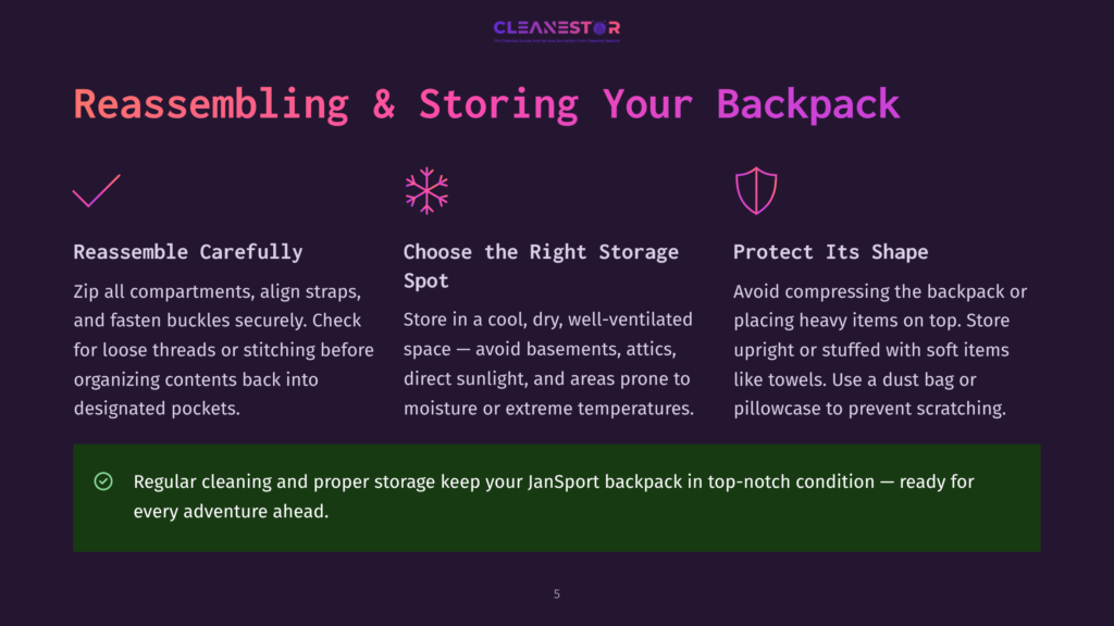 An Infographic On Maintaining A Jansport Backpack, Showing Tips For Reassembling, Choosing The Right Storage Spot, And Protecting Its Shape With Three Icons For Careful Reassembly, Storage, And Protection.