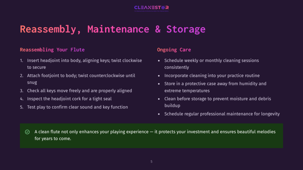 Cleanestor Logo With Text &Quot;Reassembly, Maintenance &Amp; Storage&Quot; And &Quot;Ongoing Care&Quot; Detailing Steps For Flute Maintenance And Storage, Including Cleaning, Humidity Control, And Professional Upkeep.