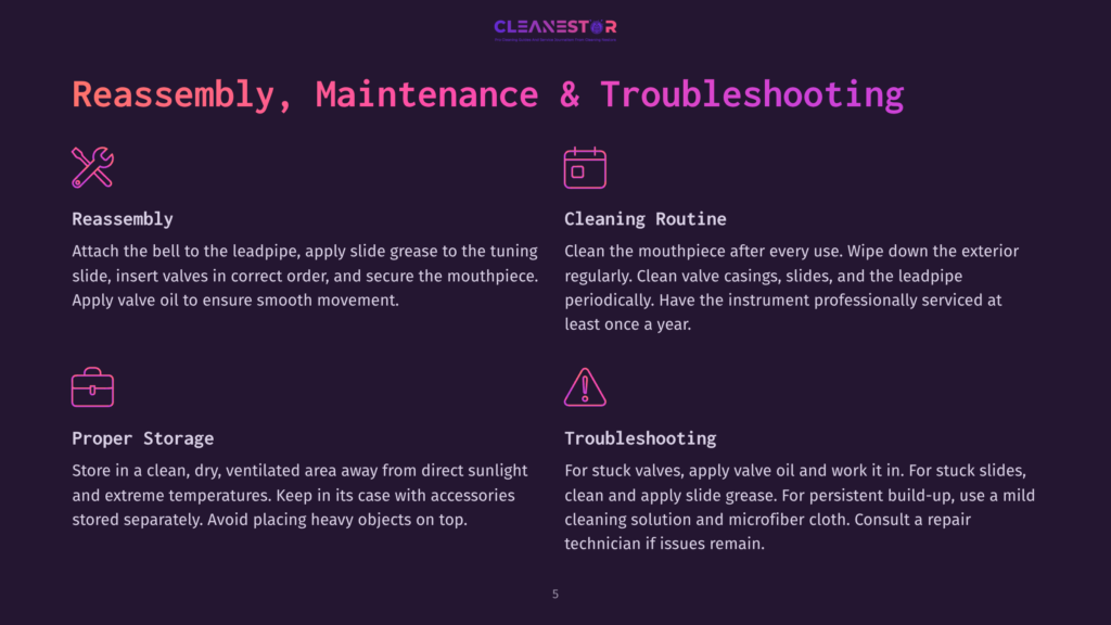Reassembly, Maintenance &Amp; Troubleshooting Guide With Icons For Bell Reassembly, Cleaning Routine, Proper Storage, And Troubleshooting Stuck Valves.
