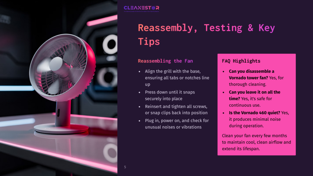A White Vornado 460 Fan Sits On A Pink Surface, With A Neon Pink And Black Background. The Text &Quot;Reassembly, Testing &Amp; Key Tips&Quot; And &Quot;Faq Highlights&Quot; Is Visible.