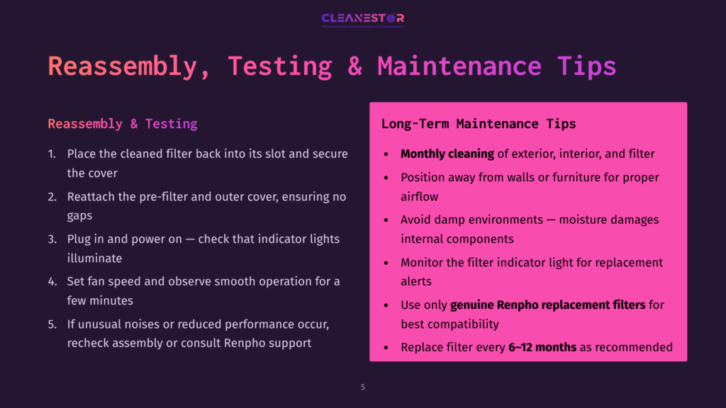 The Cleanestor Presentation Slide Details &Quot;Reassembly, Testing &Amp; Maintenance Tips&Quot; For A Renpho Air Purifier, With Steps For Reassembly And Long-Term Maintenance Including Filter Replacement.
