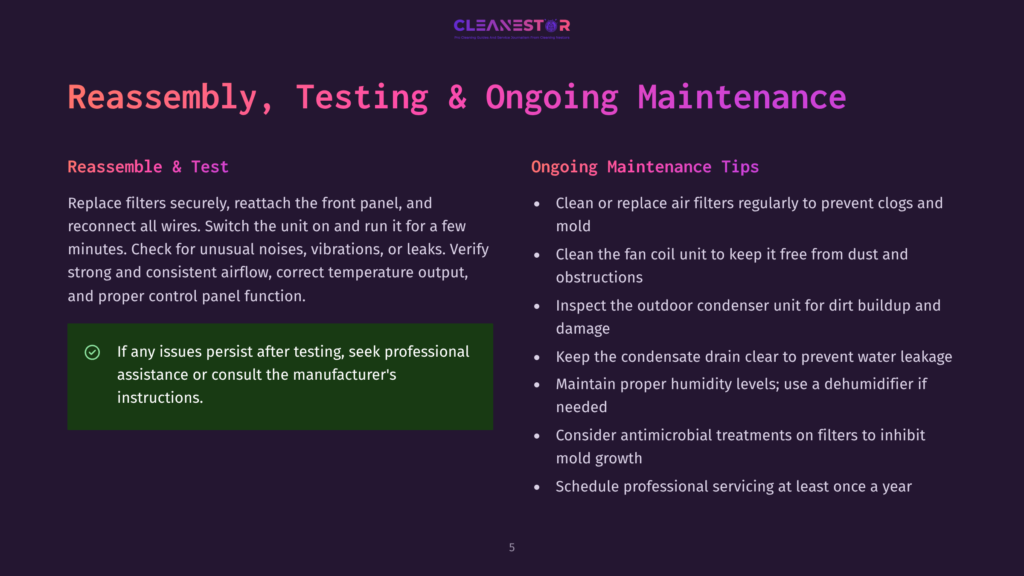 Dark Background With &Quot;Cleanestor&Quot; Logo At Top. Text On Left: &Quot;Reassembly &Amp; Test&Quot; With Instructions For Reassembling Air Filters. Text On Right: &Quot;Ongoing Maintenance Tips&Quot; With Bulleted List Of Tips For Air Filter Maintenance.