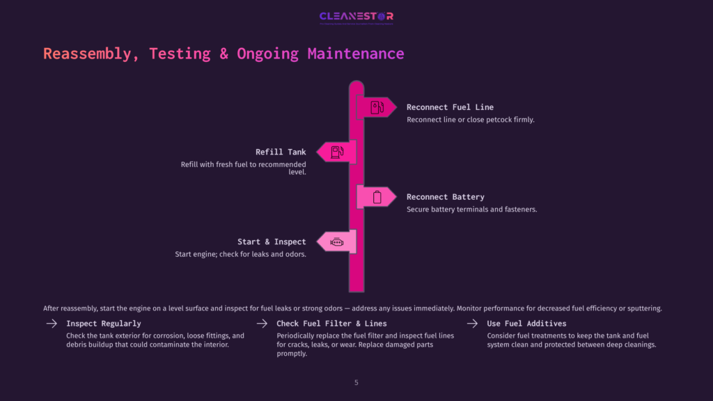 Diagram Illustrating The Reassembly, Testing, And Ongoing Maintenance Of A Vehicle, Detailing Steps Like Refilling The Fuel Tank, Reconnecting The Battery, And Checking Fuel Lines For Leaks.