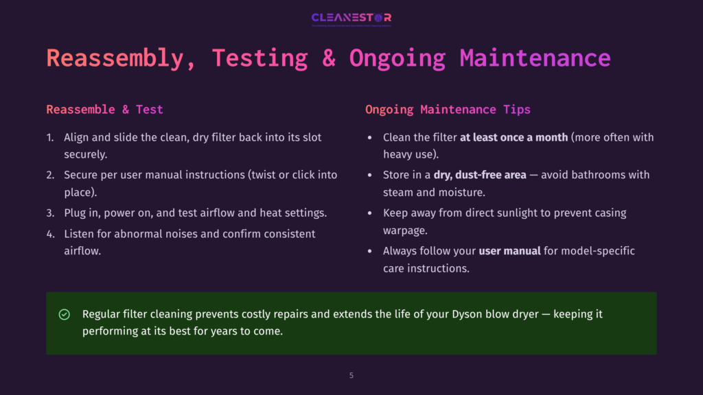5 Reassembly Testing And Ongoing Maintenance 3 An Instructional Webpage With A Purple Background, White Text, And A White Line Separator. It Details 'Reassembly &Amp; Test' Steps, Including Aligning And Sliding The Clean, Dry Filter Back Into Its Slot Securely, And 'Ongoing Maintenance Tips' Like Cleaning The Filter At Least Once A Month And Storing It In A Dry, Dust-Free Area.