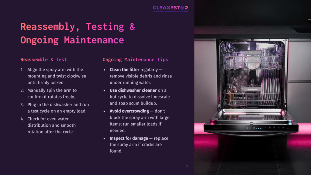 5 Reassembly Testing And Ongoing Maintenance 5 Dishwasher Open With A Bright Pink Light Illuminating The Interior, Showcasing The Stainless Steel Racks, And A Cleanest Logo On The Top Door. The Text Includes Instructions For Reassembling And Ongoing Maintenance Of A Dishwasher.