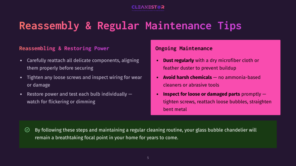 A Dark Purple Slide Titled &Quot;Reassembly &Amp; Regular Maintenance Tips&Quot; With Cleaning And Maintenance Advice For Glass Bubble Chandeliers, Including Tips For Dusting And Avoiding Harsh Chemicals.