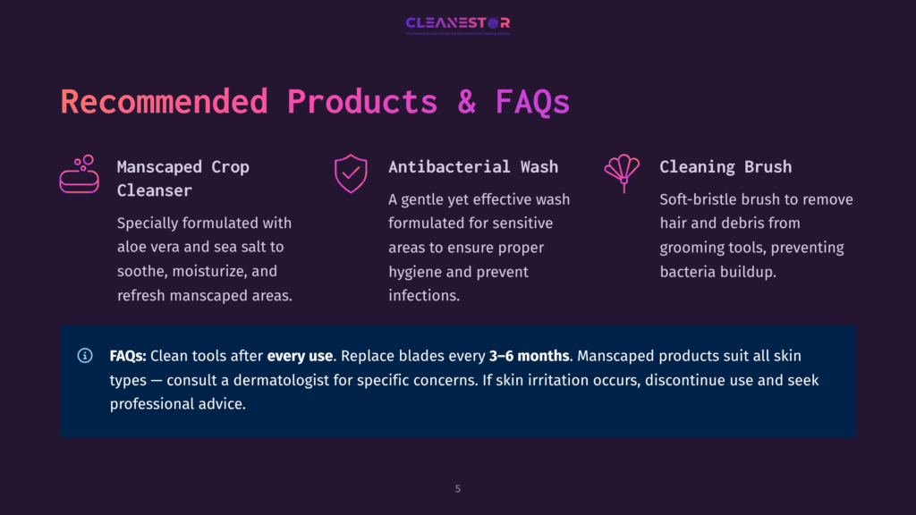 5 Recommended Products And Faqs Cleanestor Recommended Products &Amp; Faqs: Manscaped Crop Cleanser, Antibacterial Wash, And Cleaning Brush. Faqs Advise On Cleaning Tools And Skin Irritation.