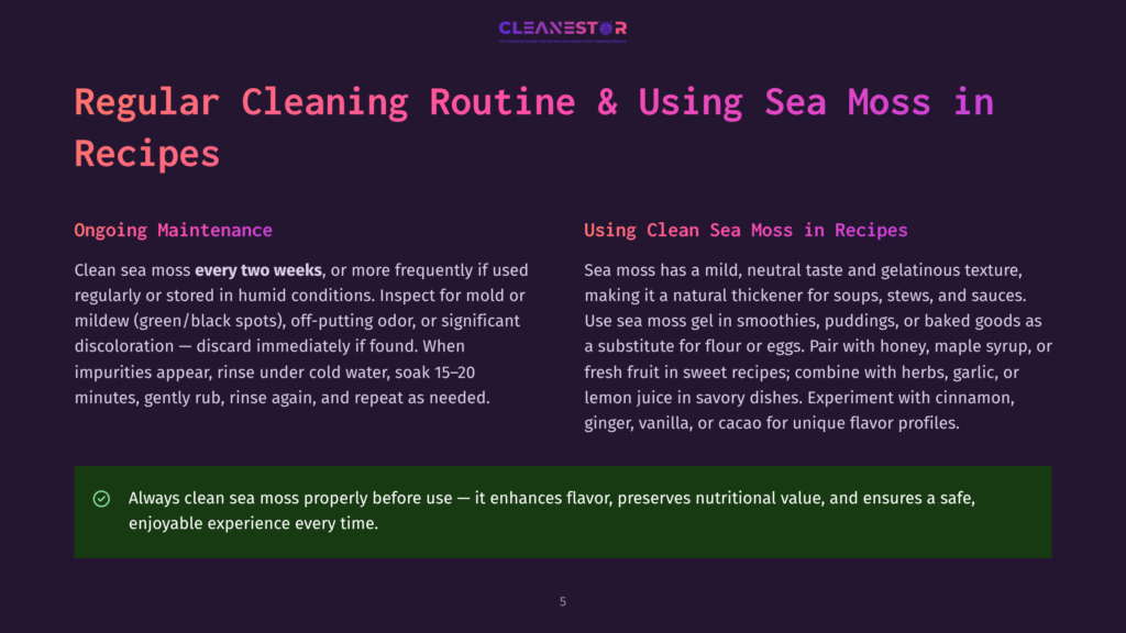 Cleanestor Logo With Text &Quot;Regular Cleaning Routine &Amp; Using Sea Moss In Recipes&Quot; And Sections On &Quot;Ongoing Maintenance&Quot; And &Quot;Using Clean Sea Moss In Recipes&Quot; Detailing Sea Moss Care And Uses.