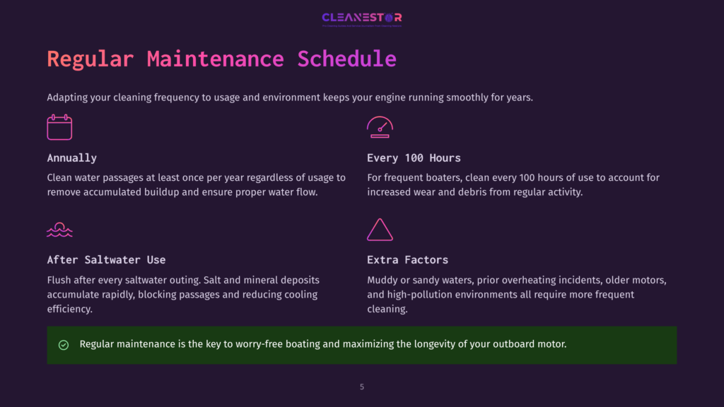 5 Regular Maintenance Schedule 1 A Dark Purple Slide Titled &Quot;Regular Maintenance Schedule&Quot; With Text Detailing Annual And 100-Hour Engine Maintenance, Flushing After Saltwater Use, And Extra Factors Like Overheating And Pollution.