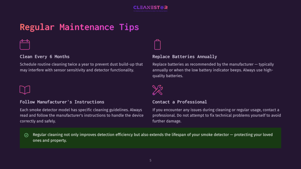 A Dark Purple Background Displays A Graphic With &Quot;Cleanestor&Quot; At The Top. Below, &Quot;Regular Maintenance Tips&Quot; Is Prominent. Four Icons With Text Describe Cleaning, Battery Replacement, Manufacturer Instructions, And Professional Contact For Smoke Detectors.