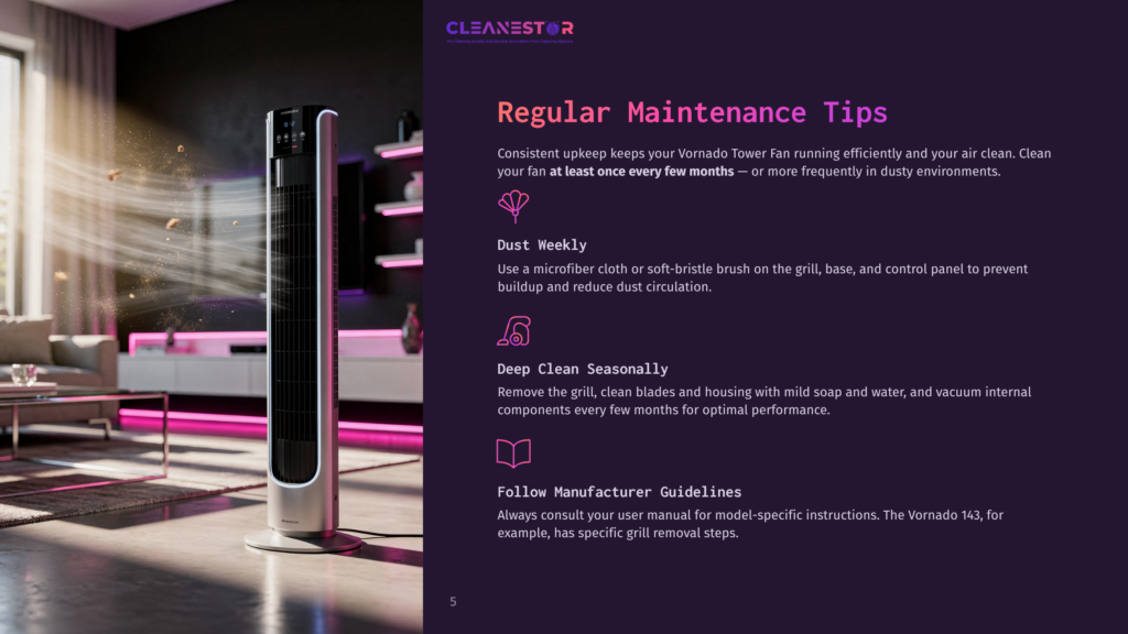 Cleanestor Logo On A Dark Purple Background With Text About Vornado Tower Fan Maintenance Tips, Including Dust Weekly And Deep Clean Seasonally.