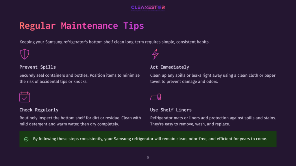 A Dark Purple Slide With The Title &Quot;Regular Maintenance Tips&Quot; For Samsung Refrigerators. It Features Icons And Text Detailing How To Prevent Spills, Act Immediately, Check Regularly, And Use Shelf Liners To Keep The Appliance Clean.