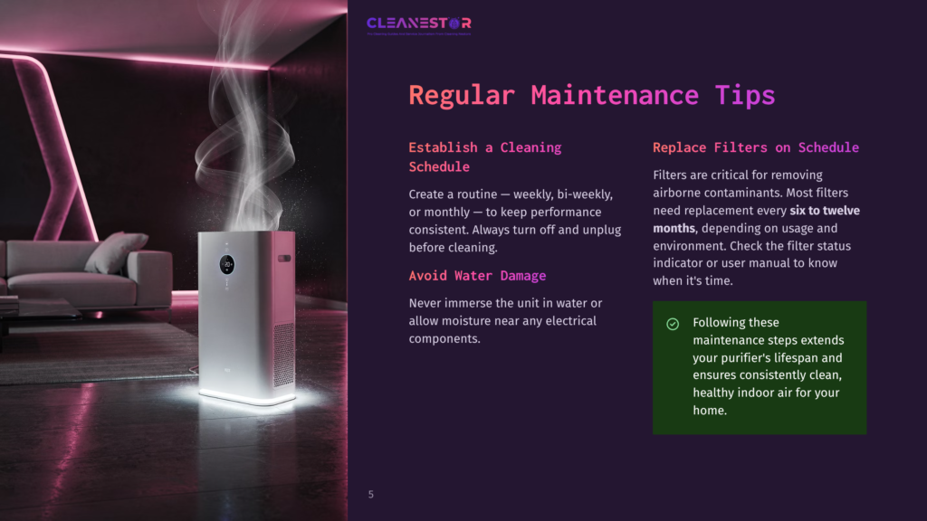 Cleanestor Air Purifier With Glowing Base Emitting White Smoke In A Modern Living Room With Purple Ambient Lighting, Featuring Text About Regular Maintenance Tips.