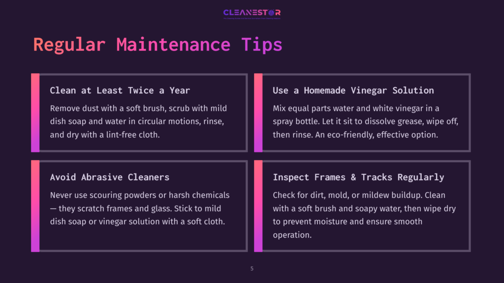Infographic Titled &Quot;Regular Maintenance Tips&Quot; With Four Sections: &Quot;Clean At Least Twice A Year,&Quot; &Quot;Use A Homemade Vinegar Solution,&Quot; &Quot;Avoid Abrasive Cleaners,&Quot; And &Quot;Inspect Frames &Amp; Tracks Regularly.