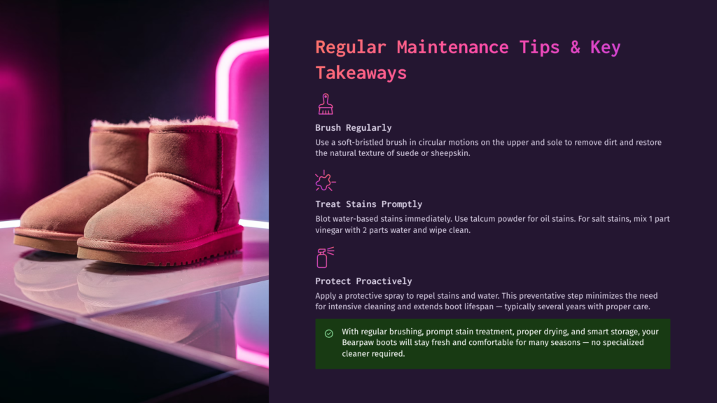 A Pair Of Pink Ugg-Style Boots Sit On A Glass Shelf, With A Neon Pink Light Illuminating The Background. The Text &Quot;Regular Maintenance Tips &Amp; Key Takeaways&Quot; Is Visible On The Right.