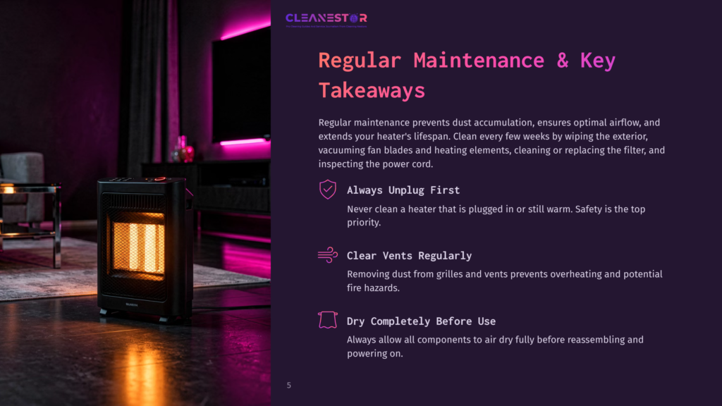 A Modern Electric Heater Glows Warmly In A Dimly Lit Living Room, With Text Overlaying The Image Discussing &Quot;Regular Maintenance &Amp; Key Takeaways&Quot; For Heaters.