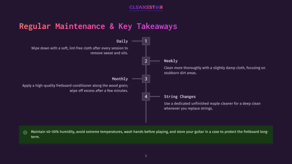 Infographic Detailing Regular Guitar Maintenance Takeaways: Daily Wipe-Downs, Weekly Cleaning, Monthly Fretboard Conditioning, And String Changes. Includes A Tip On Maintaining 40-50% Humidity.