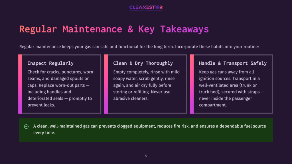 5 Regular Maintenance And Key Takeaways 2 Infographic With Three Panels: &Quot;Inspect Regularly,&Quot; &Quot;Clean &Amp; Dry Thoroughly,&Quot; And &Quot;Handle &Amp; Transport Safely,&Quot; Detailing Regular Maintenance For Gas Appliances To Ensure Safety And Efficiency.