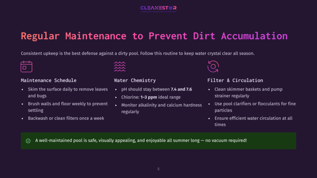 5 Regular Maintenance To Prevent Dirt Accumulation Cleanestor Logo Above Text Detailing Regular Pool Maintenance: Skim Surface, Brush Walls, Clean Filters, Maintain Ph 7.4-7.6, Chlorine 1-3 Ppm, And Ensure Circulation For A Clean Pool.