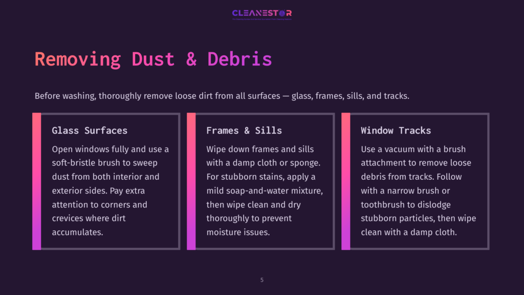Cleanestor Logo Above Text About Removing Dust And Debris From Glass Surfaces, Frames, Sills, And Window Tracks, With Instructions For Each.
