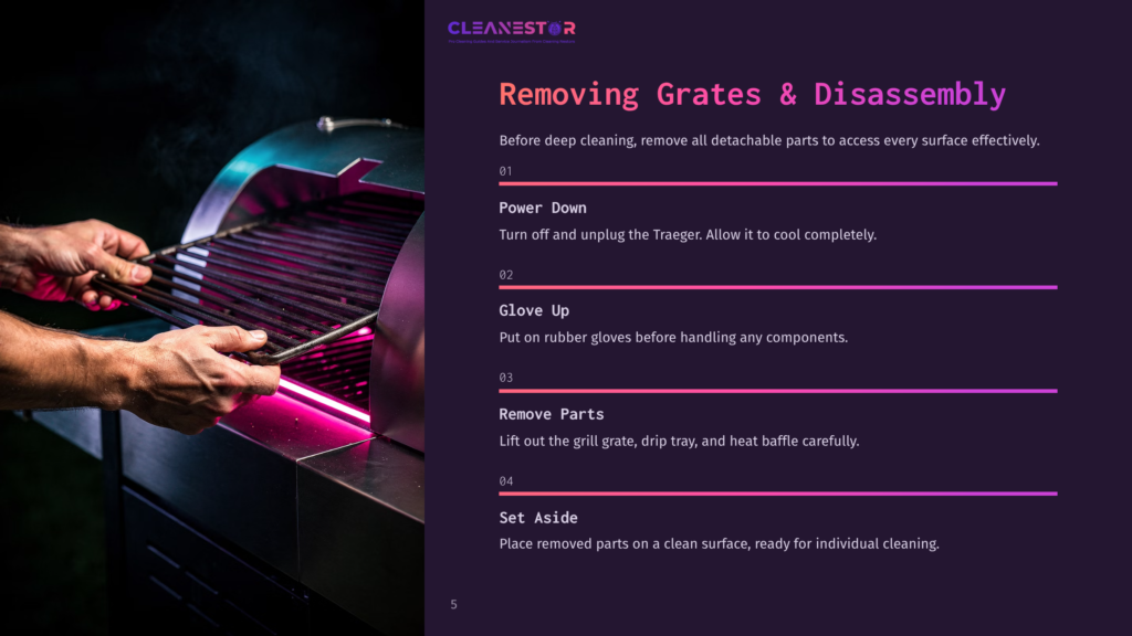 Cleanestor: Removing Grates &Amp; Disassembly. Hands Carefully Lift Grill Grates From A Stainless Steel Grill With Pink And Purple Led Lighting.