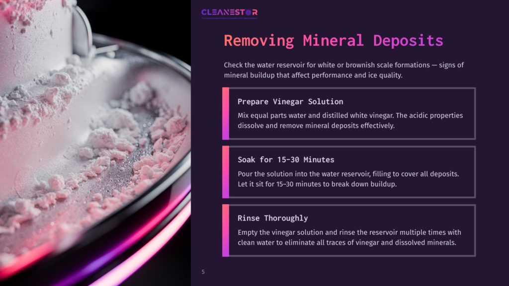 Close-Up Of White Powder Being Poured Into A Metal Container, With Pink And Purple Light Reflections. Text Overlay: &Quot;Cleanestor Removing Mineral Deposits&Quot;.